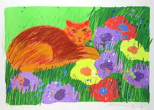 Walasse Ting - Litho, Cat in the garden - Ingelijst verkocht voor € 1!