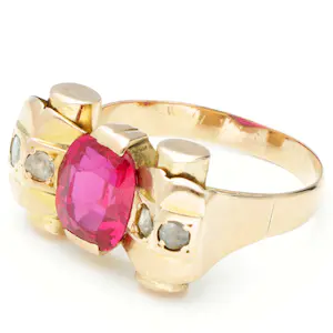 Geelgouden 18 karaats tankring bezet met roosdiamant en robijn van ca. 2.09 .ct kopen? Bied vanaf 275!