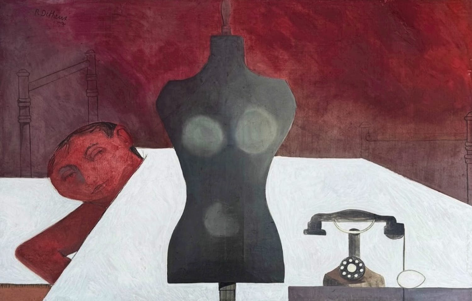 Robert Detheux - Der Schläfer und die Schaufensterpuppe – Großes surrealistisches Gemälde aus dem Jahr 1957 kopen? Bied vanaf 800!