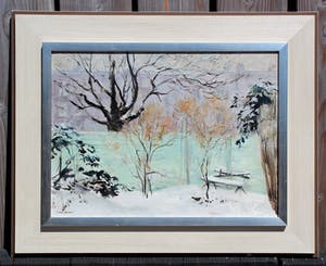 Frida Holleman - olieverf op board: besneeuwde tuin kopen? Bied vanaf 1075!
