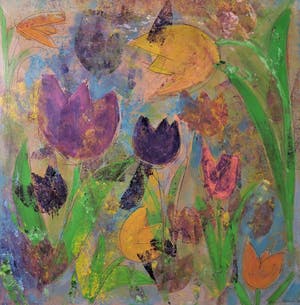 Lia van Leeuwen - Olieverf op paneel, ZT Tulpen - Ingelijst kopen? Bied vanaf 80!