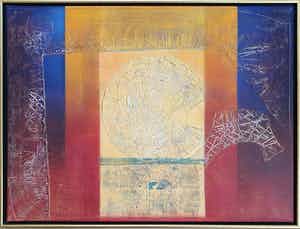 Bert Grotjohann - Abstracte compositie met gouden zon (Ingelijst) verkocht voor € 150!
