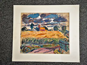 Ria Exel - GROOT, in 1948 geschilderd "landschap Groningen onder dreigend wolkendek" gesign kopen? Bied vanaf 174!