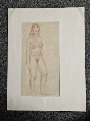 Jos van den Berg - Pastel en roodkrijt tekening "staand vrouwelijk naakt / verso zittend naakt" kopen? Bied vanaf 37!