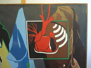 Robert Hallatu - Olieverf op doek , Molukse symboliek (?) met zelfportret – Lijst, 103 x 133 cm. kopen? Bied vanaf 250!