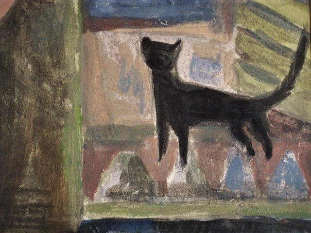 Carla Daalderop Bruggeman - Bijzonder kubistisch Aquarel "Vrouw zwarte kat en Kraai" gesigneerd  kopen? Bied vanaf 1!