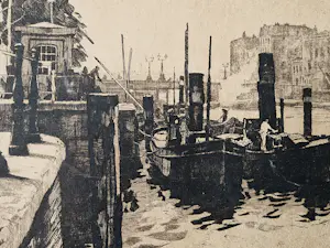 Jan Sirks - jaren 20 Ets "Leuvehavenbrug Rotterdam" potloodgesigneerd - in orig. lijst kopen? Bied vanaf 45!