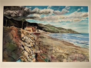 Leslie Gabrielse - GROOT! - Geweldige gemengde Techniek Collage "Sea Cliff California" gesign kopen? Bied vanaf 10!