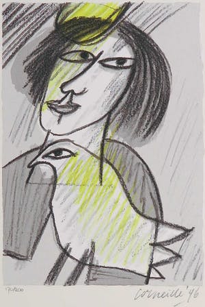Corneille - Zeefdruk, Femme et oiseau kopen? Bied vanaf 1!