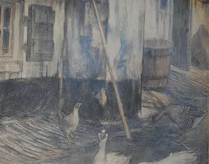 Theo Dijkwel - litho - ganzen op een erf - ingelijst kopen? Bied vanaf 35!