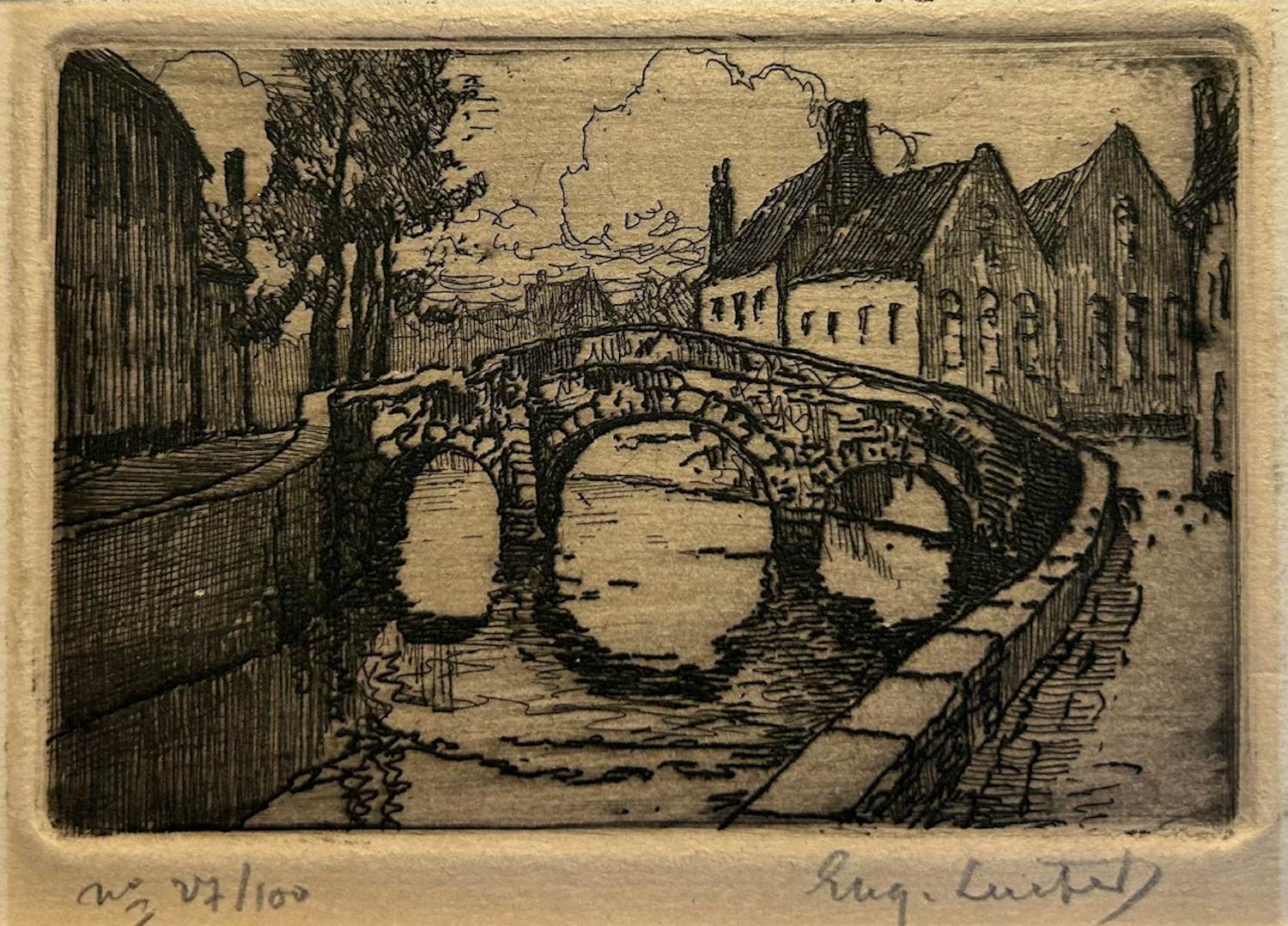 Eugene Lucker - Brug over de Roer in Roermond - twee etsen en een houtsnede kopen? Bied vanaf 35!