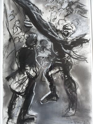 Gerbrand Volger - Houtskool en pastelkrijt op papier. Titel Straatfeest. kopen? Bied vanaf 40!