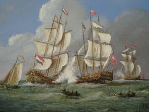 Thomas Heesakkers - Mooi maritiem schilderij schepen in oorlog op paneel. kopen? Bied vanaf 250!