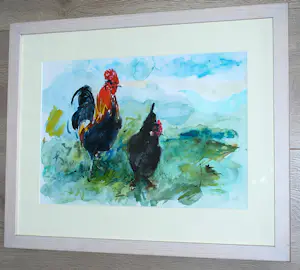Jeanne Wesselius - Kip en haan - aquarel kopen? Bied vanaf 20!