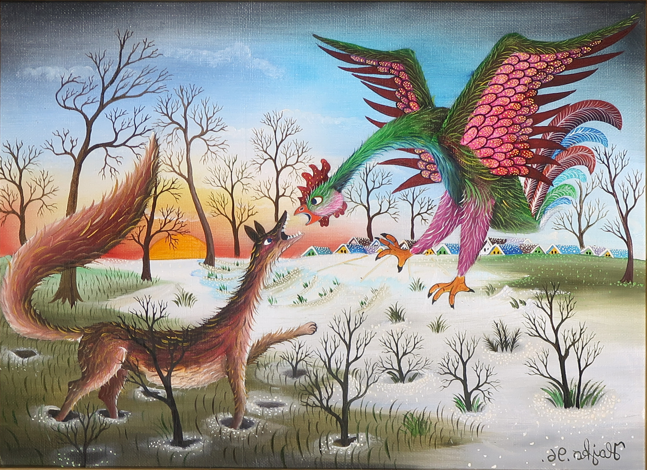 Pavol Hajko - Olieverf op doek, Voorsteling met vos en haan - Ingelijst kopen? Bied vanaf 150!