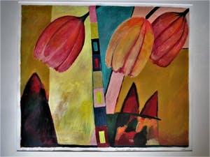 Fenneke van der Elst - GROOT Acrylverf / papier Schilderij "Tulpen" gesigneerd en fraai gelijst kopen? Bied vanaf 10!