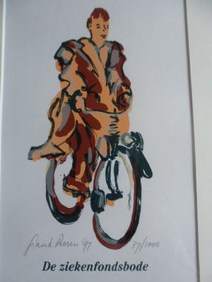 Frank Rosen - Zeefdruk. titel, De ziekenfondsbode, met gedicht van Erik Huizinga. kopen? Bied vanaf 23!