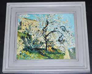 Theo Goedvriend - Zonnige mediterraanse scene met een bloeiende boom - olieverf verkocht voor € 350!