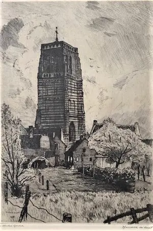 Hendrik de Laat - Kerktoren St. Michielsgestel - Ets kopen? Bied vanaf 1!