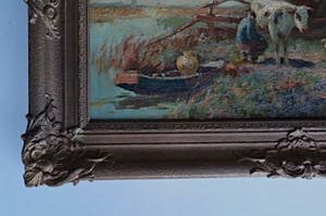 Piet Bouter - Boer melkt koeien aan 't water -Haagsche School - Leuk Tafereel -Antieke lijst kopen? Bied vanaf 299!