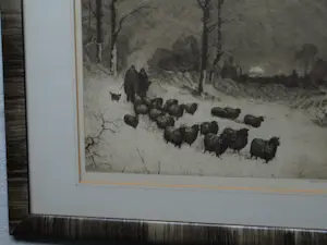 Sal Meijer - Ingelijste ets , Winterse wandeling met schapen in Laren (NH) kopen? Bied vanaf 60!
