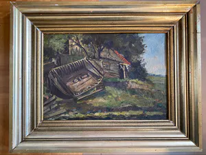 Frans Hoos - Landschap met schuur en praam kopen? Bied vanaf 50!