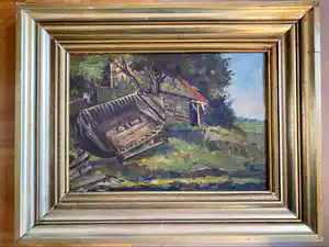Frans Hoos - Landschap met schuur en praam verkocht voor € 50!