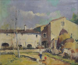 Niet of onleesbaar gesigneerd - Olieverf op doek, Gezicht op boerenerf - Ingelijst kopen? Bied vanaf 1!