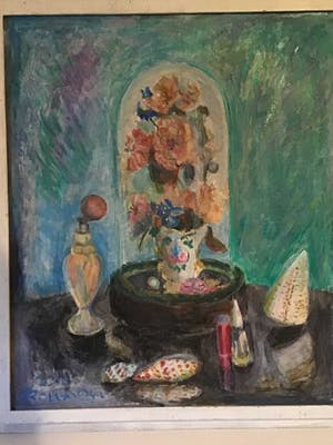 Hannie Bouman - 1919-2013 olieverf op doen, mooie stilleven van pastelkleuren kopen? Bied vanaf 10!