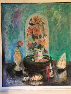 Hannie Bouman - 1919-2013 olieverf op doen, mooie stilleven van pastelkleuren verkocht voor € 10!