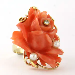 14k geel gouden ring met koraal, parels en briljant geslepen diamant tot. 0.05ct kopen? Bied vanaf 635!