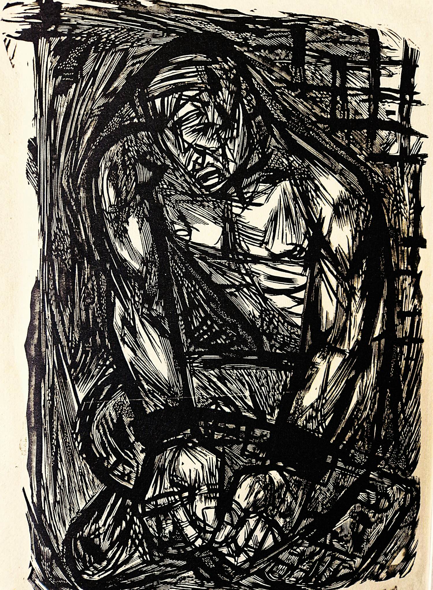 Lou Strik - Grote monochrome Hout/Linosnede "geketende slaaf" potlood-gesigneerd kopen? Bied vanaf 37!