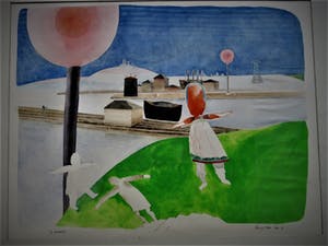 Henri de Haas - 1971 - Groot Surrealistisch Aquarel "de Wandeling" gesigneerd kopen? Bied vanaf 10!