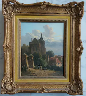 Adrianus Eversen - Hollands straatgezicht met personen bij een stadspoort kopen? Bied vanaf 3250!
