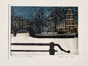 Laetitia de Haas - Sfeervolle kleuren Ets "winteravond Amsterdam" bep. oplage (150) kopen? Bied vanaf 46!