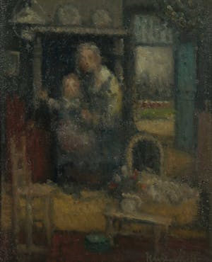 Henri van Daalhoff - Olieverf op paneel, Interieur met vrouw en kind - Ingelijst kopen? Bied vanaf 150!