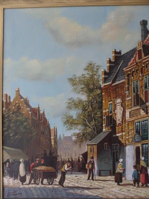 H.J Topman - Olieverfschilderij van een vroeg Hollands straatbeeld met mensen en gebouwen. kopen? Bied vanaf 35!
