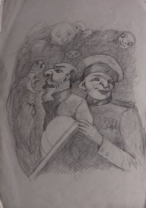 Niet of onleesbaar gesigneerd - Lot met daarin een karikatuurtekening en een ontwerp van een spotprent kopen? Bied vanaf 1!