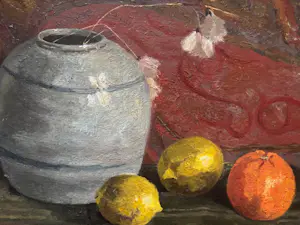 Adri Pieck - "Stilleven met wollegras" in aardewerk pot en fruit kopen? Bied vanaf 150!