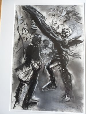 Gerbrand Volger - Houtskool en pastelkrijt op papier. Titel Straatfeest. kopen? Bied vanaf 40!