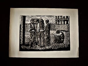 Ricardo Zamorano - Krachtige sociaal-realistische Houtsnede - "wachten op werk" gesigneerd kopen? Bied vanaf 30!