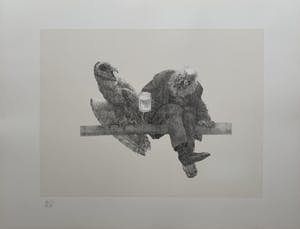 Peter Vos - litho | 'Oude man met uil' | 1986 kopen? Bied vanaf 225!