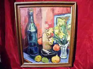 Matthieu Wiegman - Bloemenstilleven met fles en fruit - Bergense School verkocht voor € 450!