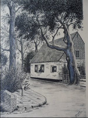 Jan pannekeet - Tekening van een weg met bomen en een woning. kopen? Bied vanaf 10!