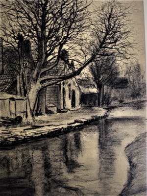 Johannes de Munck - Grote houtskooltekening "huizen aan water" gesigneerd - ingelijst. kopen? Bied vanaf 29!