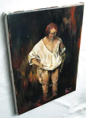 Peter Leyenaar - (1923-2023) Naar Rembrandt , Olieverf op doek, Badende vrouw - 1983 kopen? Bied vanaf 1!