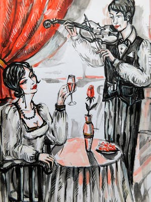 Natia Antadze - Dame im Caffè – Tekening/Acryl - handgesigneerd kopen? Bied vanaf 1!