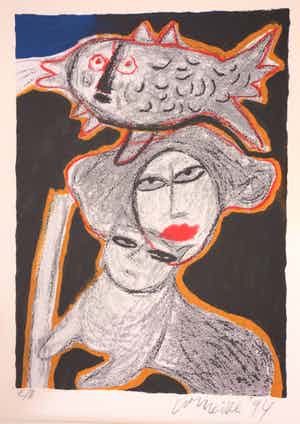 Corneille - Abstracte compositie met vrouw, vis en kat verkocht voor € 225!