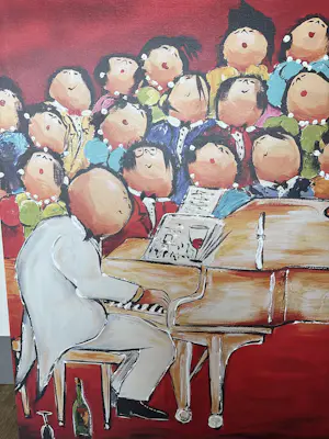 Theo Broeren - Glicée met Acryl op doek “ Pianoconcert “ (ZEER GROOT) kopen? Bied vanaf 145!