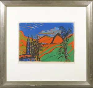 Jan Wiegers - Houtsnede, Landschap in blauw, rood en groen - Ingelijst kaufen? Bieten Sie von 200!